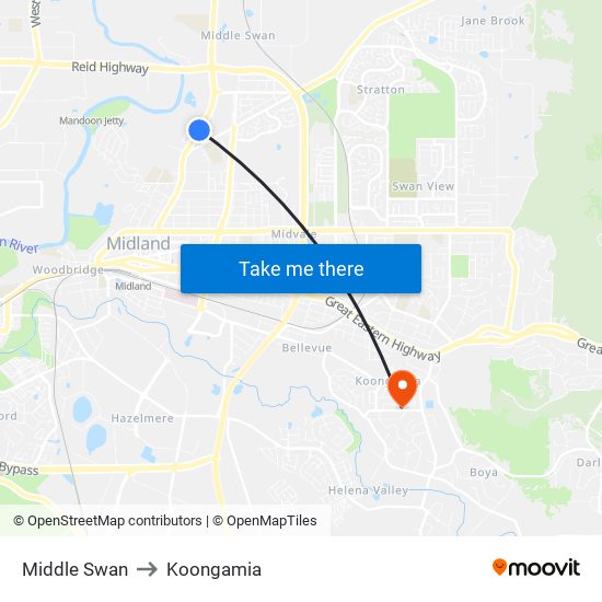 Middle Swan to Koongamia map