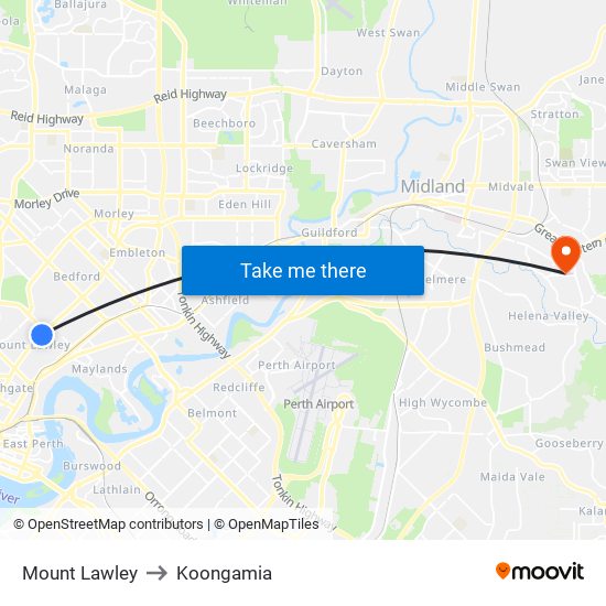 Mount Lawley to Koongamia map