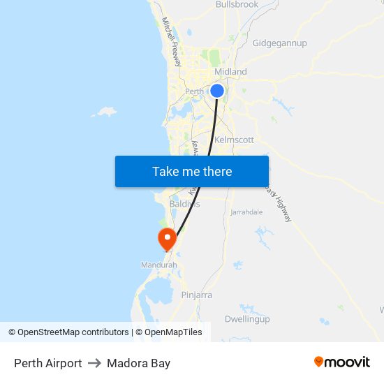 Perth Airport to Madora Bay map