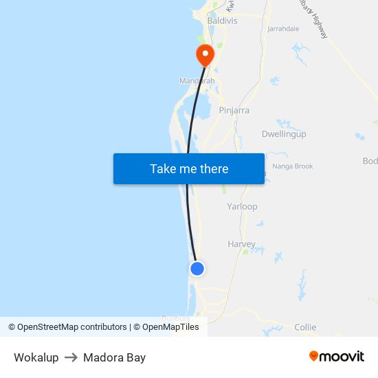 Wokalup to Madora Bay map
