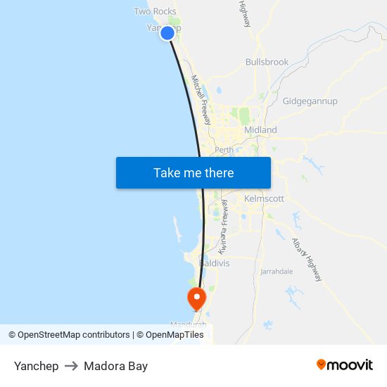 Yanchep to Madora Bay map