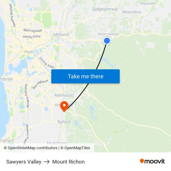 Sawyers Valley to Mount Richon map