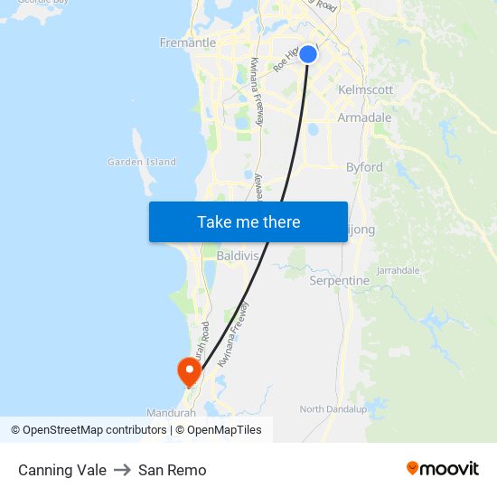 Canning Vale to San Remo map