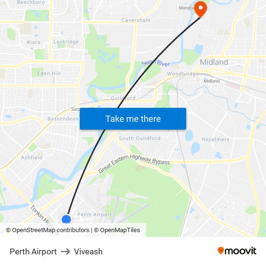 Perth Airport to Viveash map
