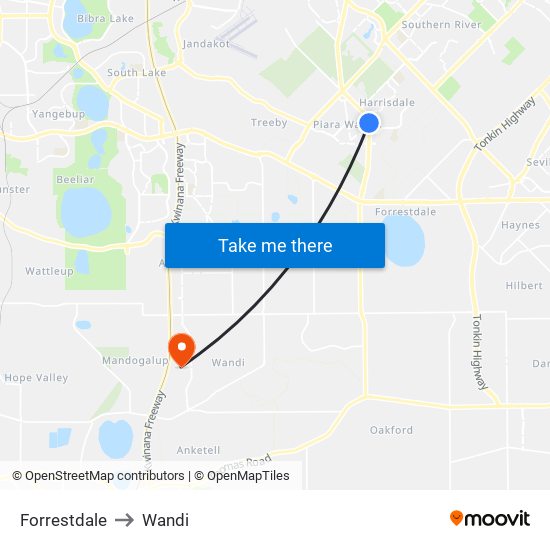 Forrestdale to Wandi map
