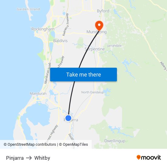 Pinjarra to Whitby map