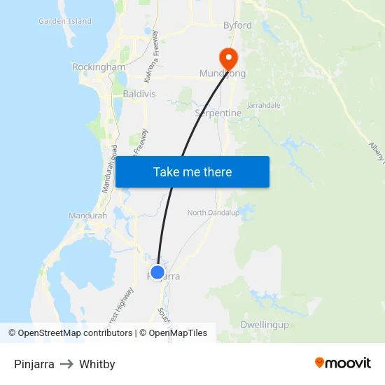 Pinjarra to Whitby map