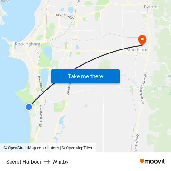 Secret Harbour to Whitby map