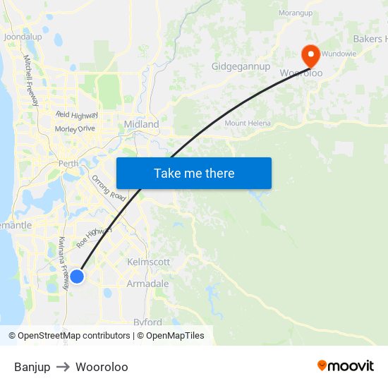 Banjup to Wooroloo map