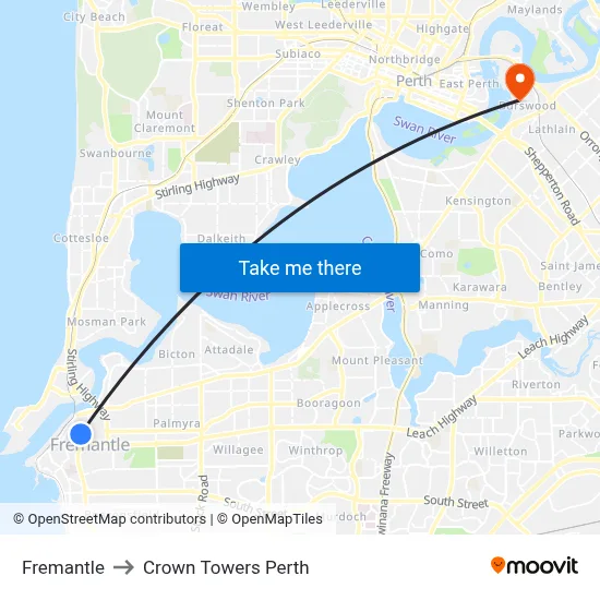 Fremantle to Crown Towers Perth map