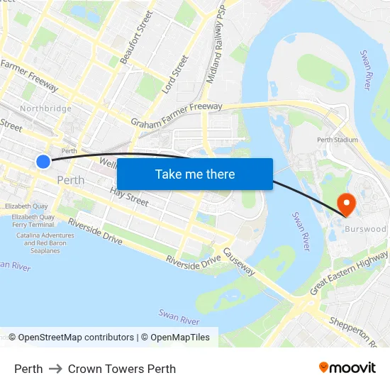 Perth to Crown Towers Perth map