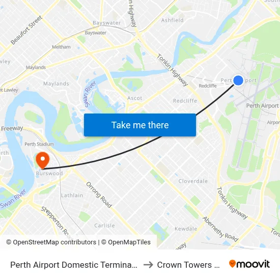 Perth Airport Domestic Terminal T3 T4 to Crown Towers Perth map