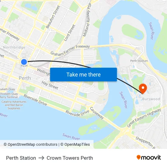 Perth Station to Crown Towers Perth map