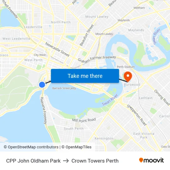 CPP John Oldham Park to Crown Towers Perth map