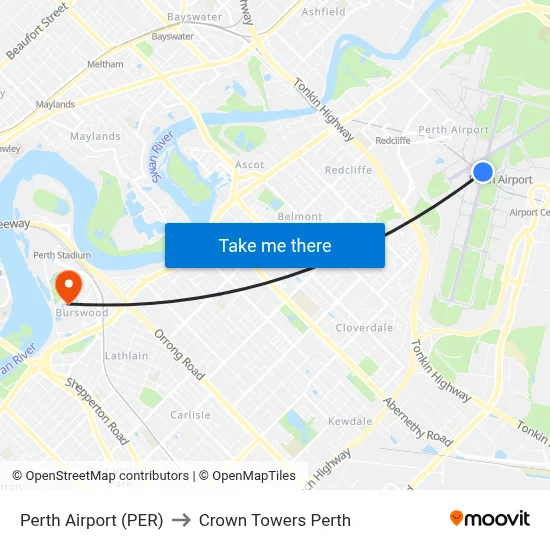 Perth Airport (PER) to Crown Towers Perth map