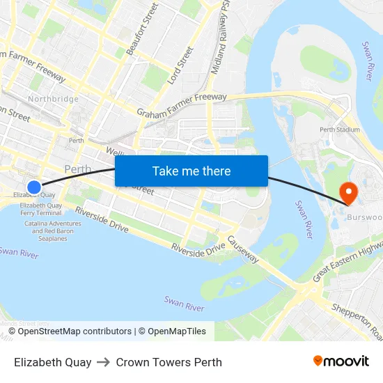 Esplanade to Crown Towers Perth map