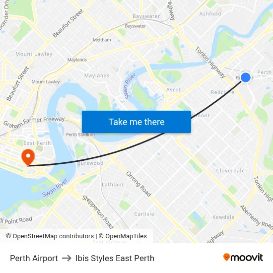 Perth Airport to Ibis Styles East Perth map