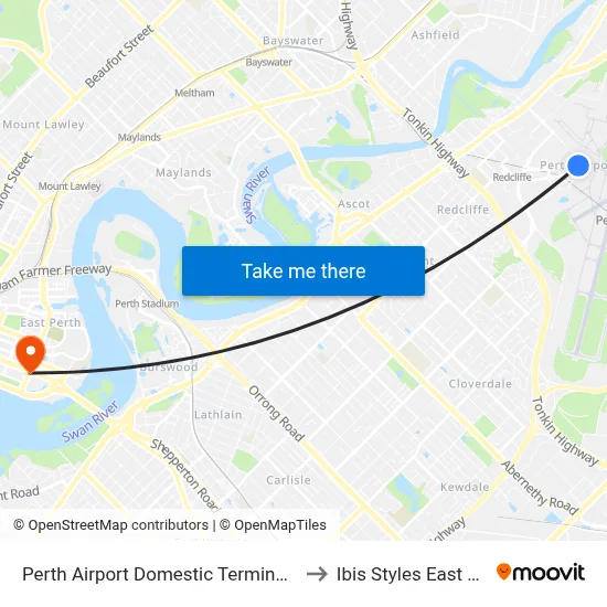 Perth Airport Domestic Terminal T3 T4 to Ibis Styles East Perth map