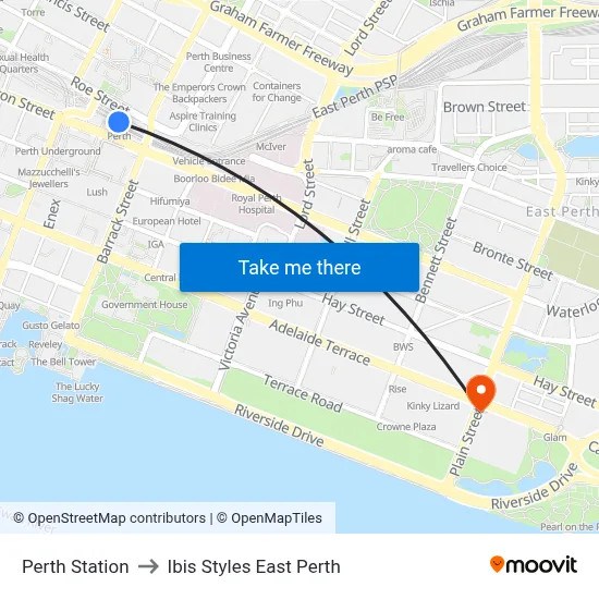 Perth Station to Ibis Styles East Perth map