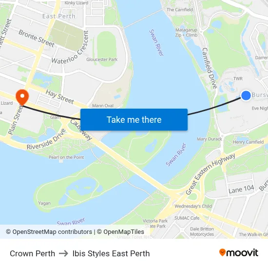 Crown Perth to Ibis Styles East Perth map