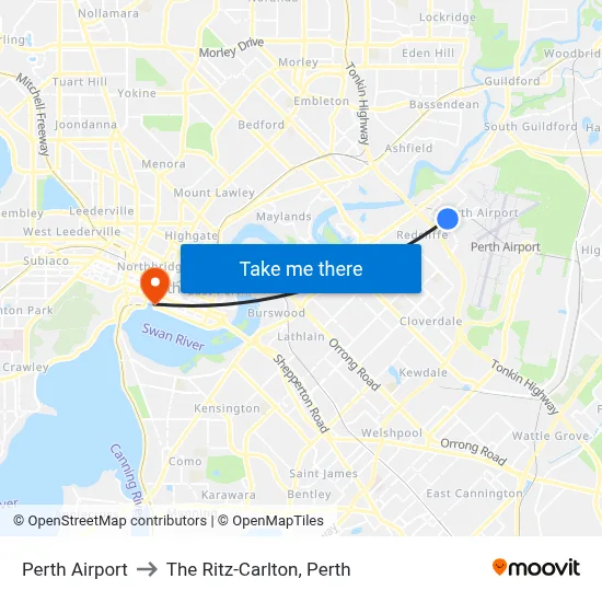 Perth Airport to The Ritz-Carlton, Perth map