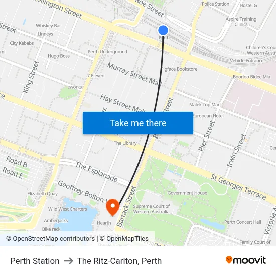 Perth Station to The Ritz-Carlton, Perth map