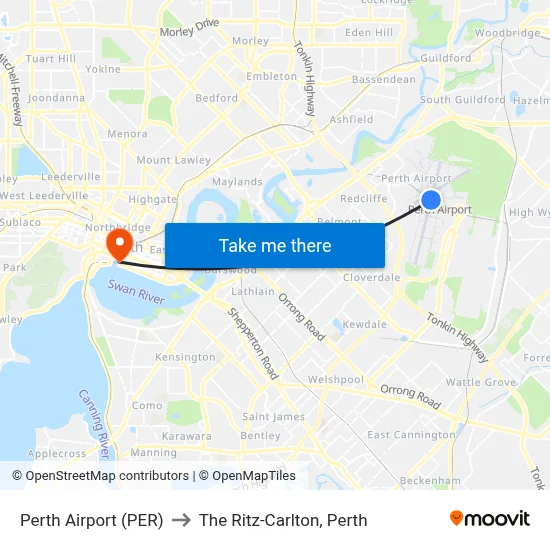 Perth Airport (PER) to The Ritz-Carlton, Perth map