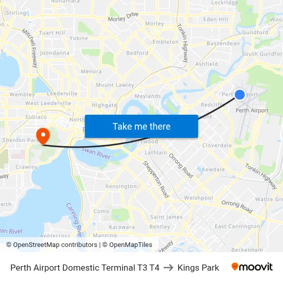 Perth Airport Domestic Terminal T3 T4 to Kings Park map