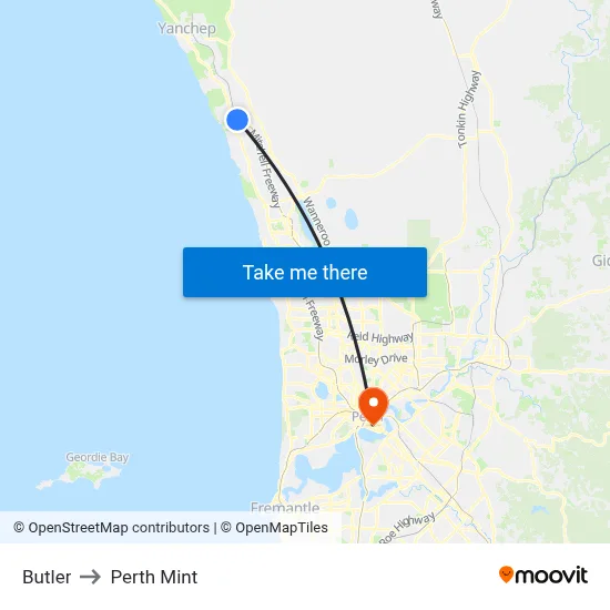 Butler to Perth Mint map