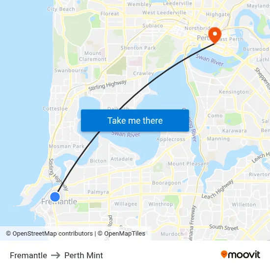 Fremantle to Perth Mint map