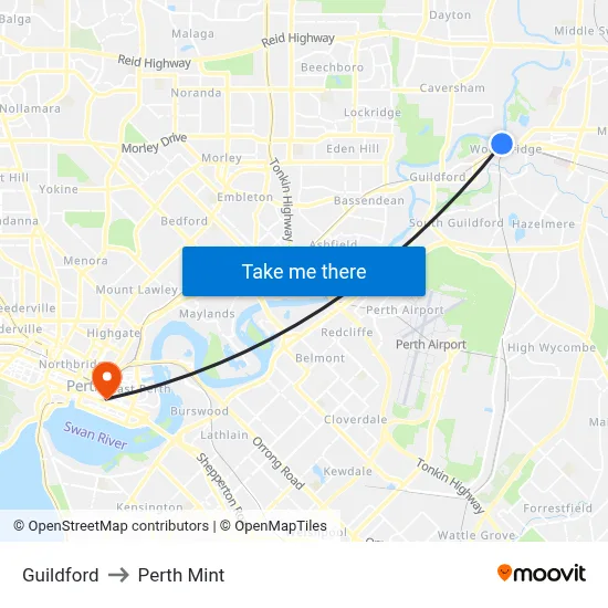 Guildford to Perth Mint map