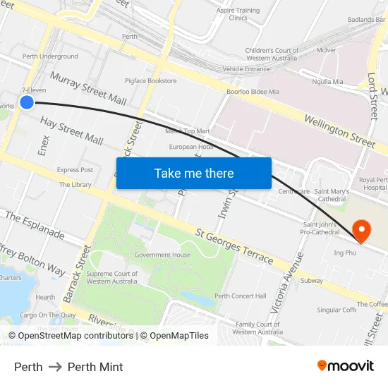Perth to Perth Mint map