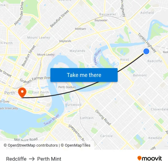 Redcliffe to Perth Mint map