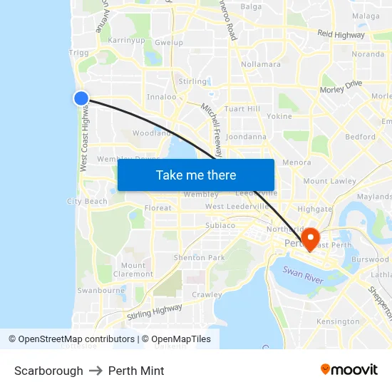 Scarborough to Perth Mint map