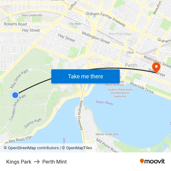 Kings Park to Perth Mint map