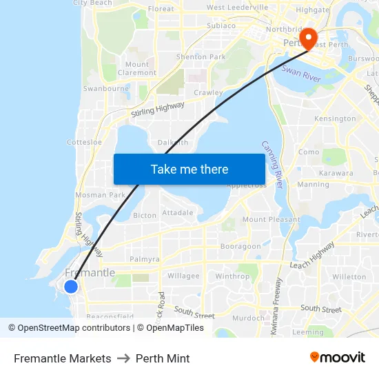 Fremantle Markets to Perth Mint map