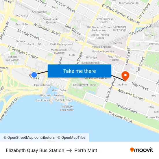 Elizabeth Quay Bus Station to Perth Mint map