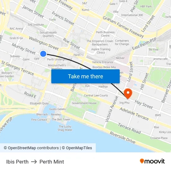 Ibis Perth to Perth Mint map