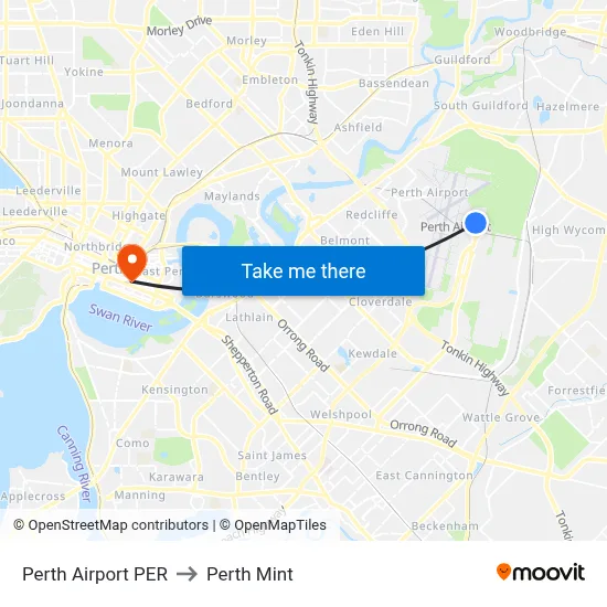 Perth Airport PER to Perth Mint map