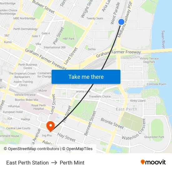 East Perth Station to Perth Mint map