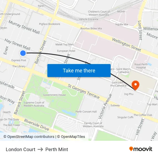 London Court to Perth Mint map