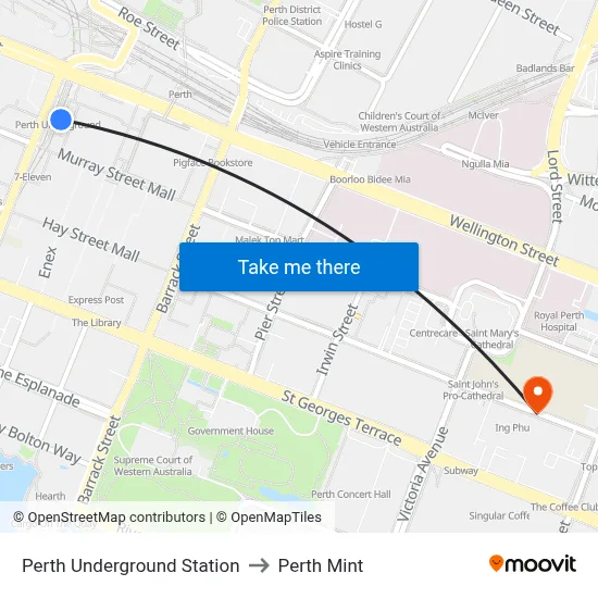 Perth Underground Station to Perth Mint map
