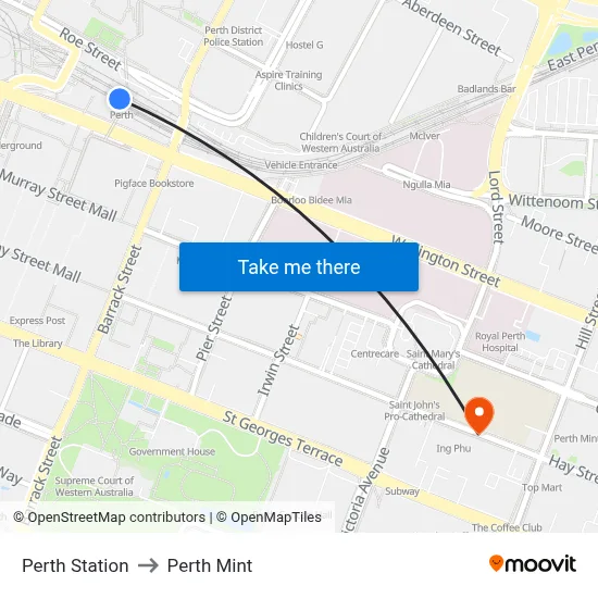 Perth Station to Perth Mint map
