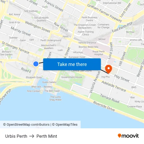 Urbis Perth to Perth Mint map