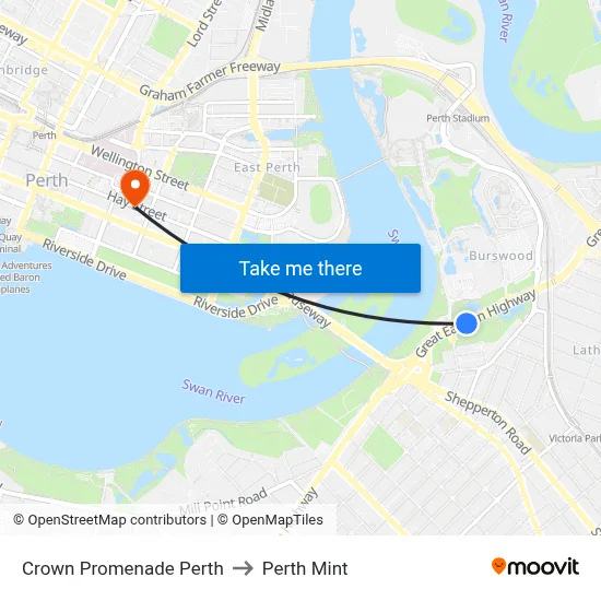 Crown Promenade Perth to Perth Mint map