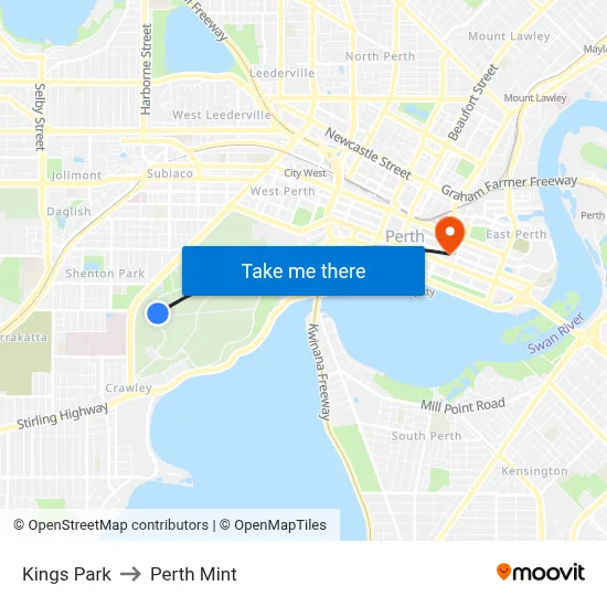 Kings Park to Perth Mint map
