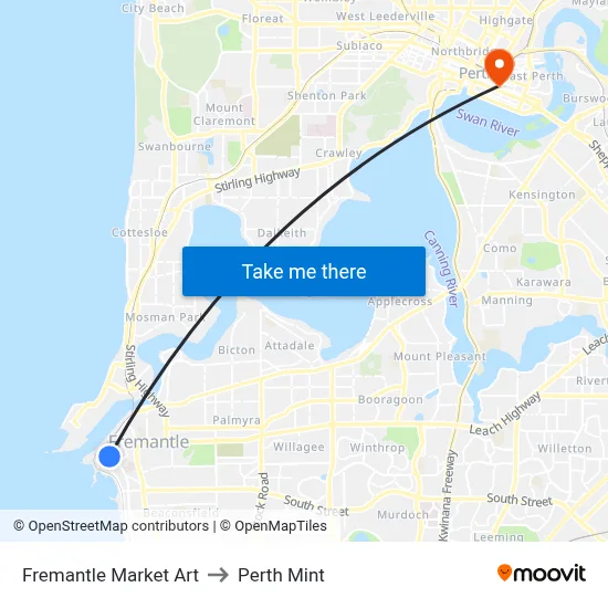 Fremantle Market Art to Perth Mint map