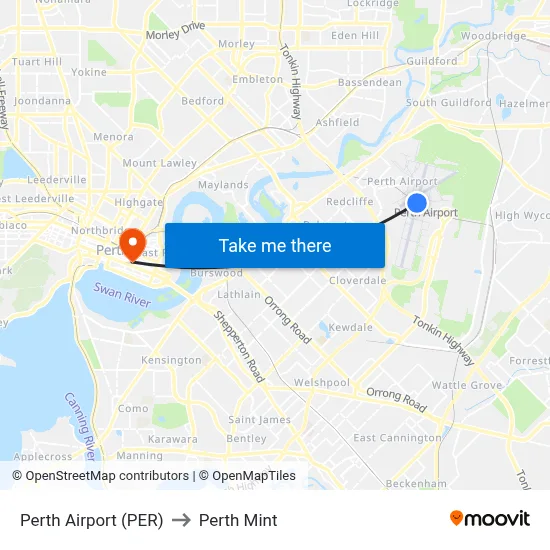 Perth Airport (PER) to Perth Mint map