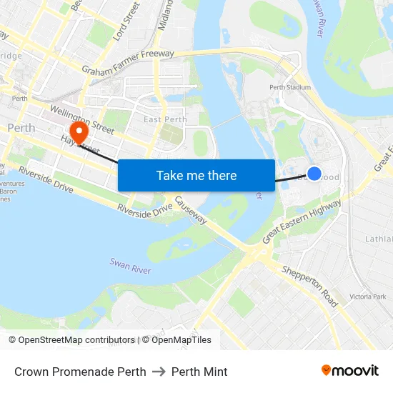 Crowne Promenade Perth to Perth Mint map