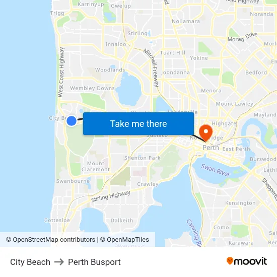 City Beach to Perth Busport map